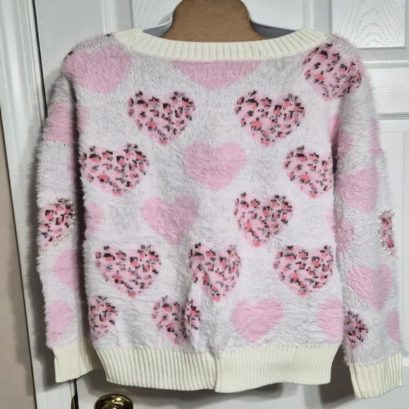 Pink and White Leopard Print Heart Pattern Women's Sweater Size Large NWOT - Picture 8 of 15